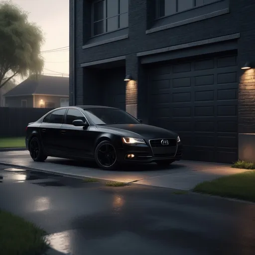 Prompt: (black car), parked on the roadside, adjacent to a building, (garage door open), revealing another black car inside, (urban setting), moody ambiance, cool tones, soft shadows, (details of pavement and grass), atmospheric lighting, high-quality resolution, (4K ultra-detailed), (realistic depth), capturing the essence of a quiet neighborhood scene.