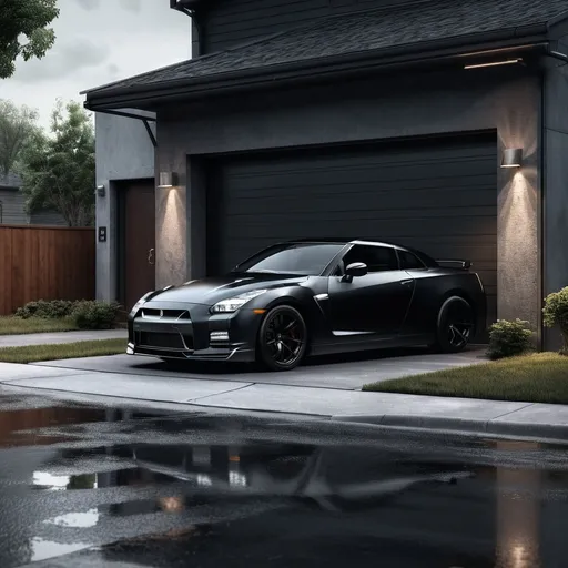 Prompt: (black Nissan GTR), parked on the roadside, adjacent to a building, (garage door open), revealing another black car inside, (urban setting), moody ambiance, cool tones, soft shadows, (details of pavement and grass), atmospheric lighting, high-quality resolution, (4K ultra-detailed), (realistic depth), capturing the essence of a quiet neighborhood scene.