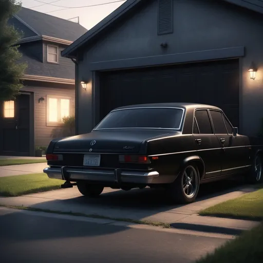 Prompt: (black car), parked on the roadside, adjacent to a building, (garage door open), revealing another black car inside, (urban setting), moody ambiance, cool tones, soft shadows, (details of pavement and grass), atmospheric lighting, high-quality resolution, (4K ultra-detailed), (realistic depth), capturing the essence of a quiet neighborhood scene.