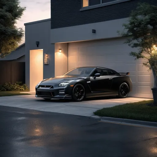 Prompt: (black Nissan GTR), parked on the roadside, adjacent to a building, (garage door open), revealing another black car inside, (urban setting), moody ambiance, cool tones, soft shadows, (details of pavement and grass), atmospheric lighting, high-quality resolution, (4K ultra-detailed), (realistic depth), capturing the essence of a quiet neighborhood scene.