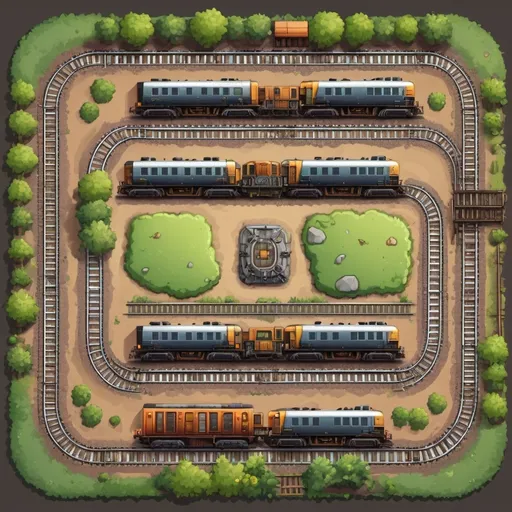 Prompt: a tile set for a top-down 2D train game containing locomotives, carriages, tracks, crossings, signals and vegetation.