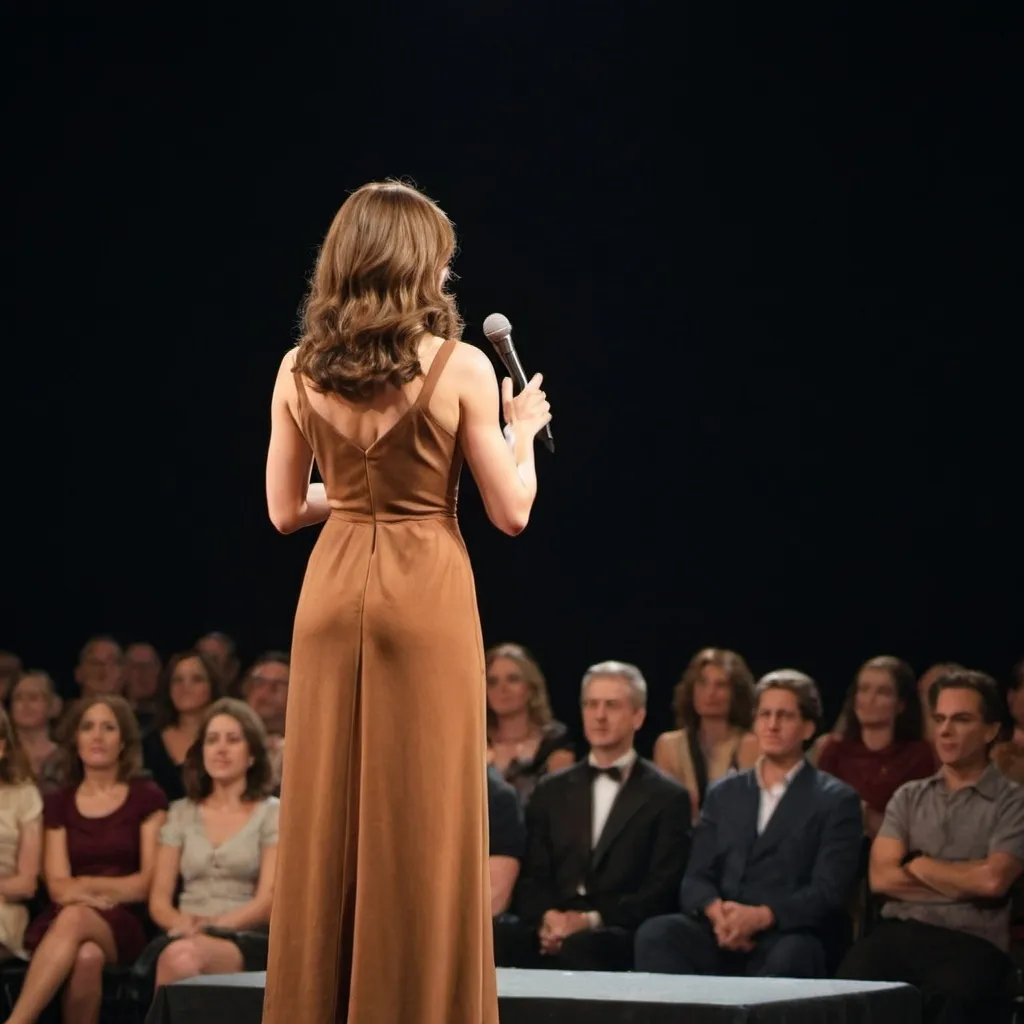 Prompt: A woman speaking on a stage. She is a celebrity. You can see her back, she is wearing a dress. No hands. She has brown longer hair.. You can see the audience, which is a big crowd applauding.