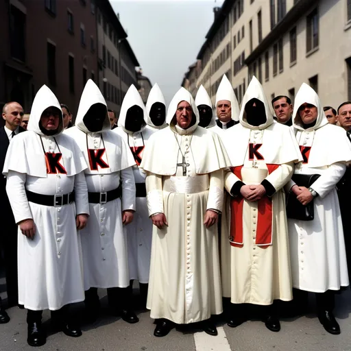 Prompt: group of policemen dressed in hooded ku klux klan robes with nazi general and the pope behind them 