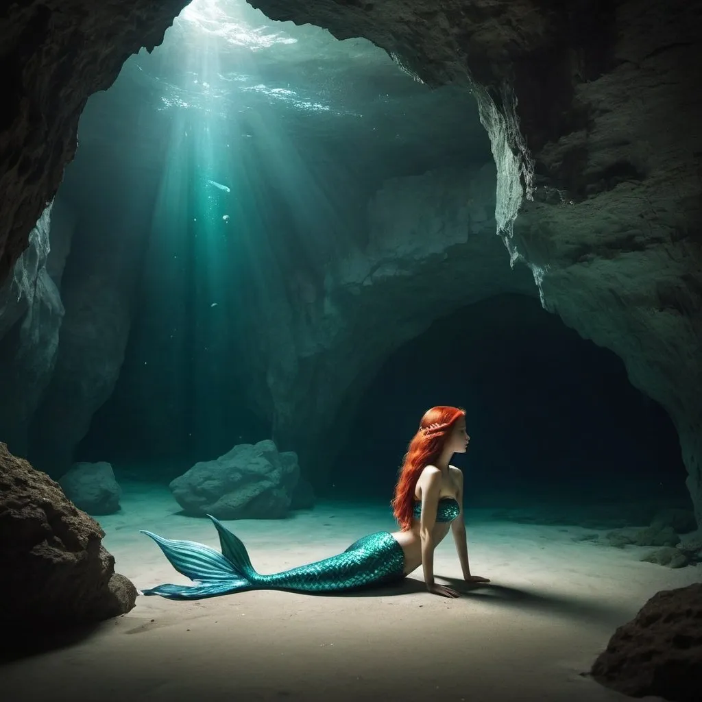 Prompt: Create lonely mermaid in cave