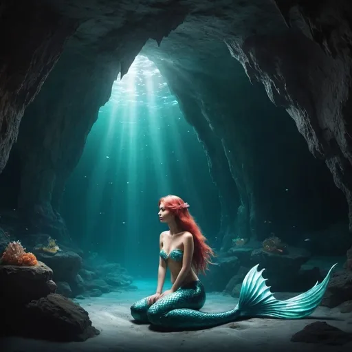 Prompt: Create lonely mermaid in cave