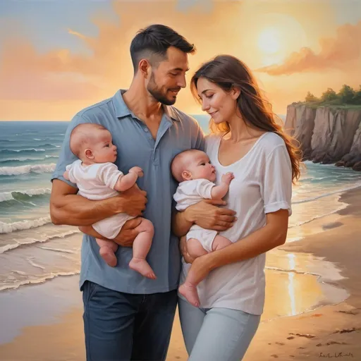 Prompt: Loving straight couple with twin babies, traditional oil painting, family portrait, warm and vibrant colors, detailed features, high quality, professional artistry, emotional connection, soft and tender expressions, warm tones, gentle lighting, animated, nature, beach
