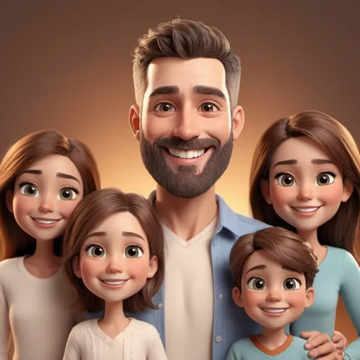 Prompt: Confident and warm animated man with a huge smile, managing wife, kids, and work, detailed facial features, warm color tones, professional animation, detailed beard, happy expression, high quality, family man, warm lighting, animated, detailed eyes, professional, warm tones