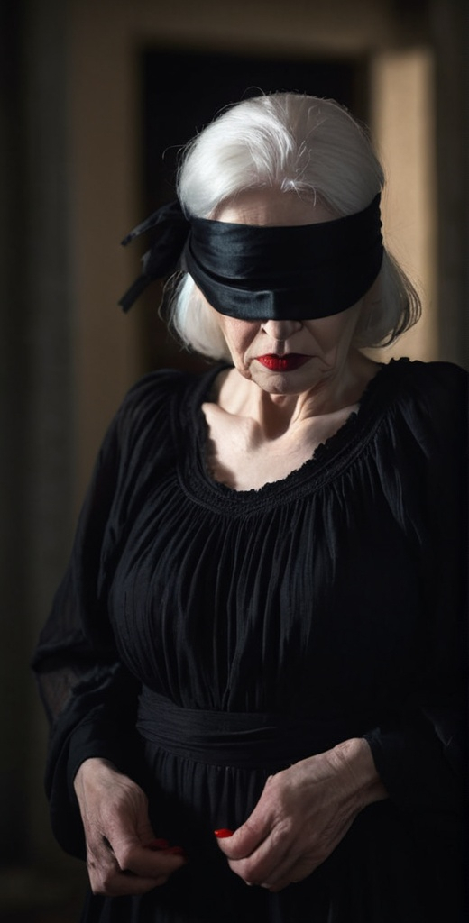 Prompt: A pale-skinned, scowling old woman with red lips and sparse white hair with her eyes covered by a black blindfold, wearing a dark, coarse dress. Horror movie, frightening, deep shadows.