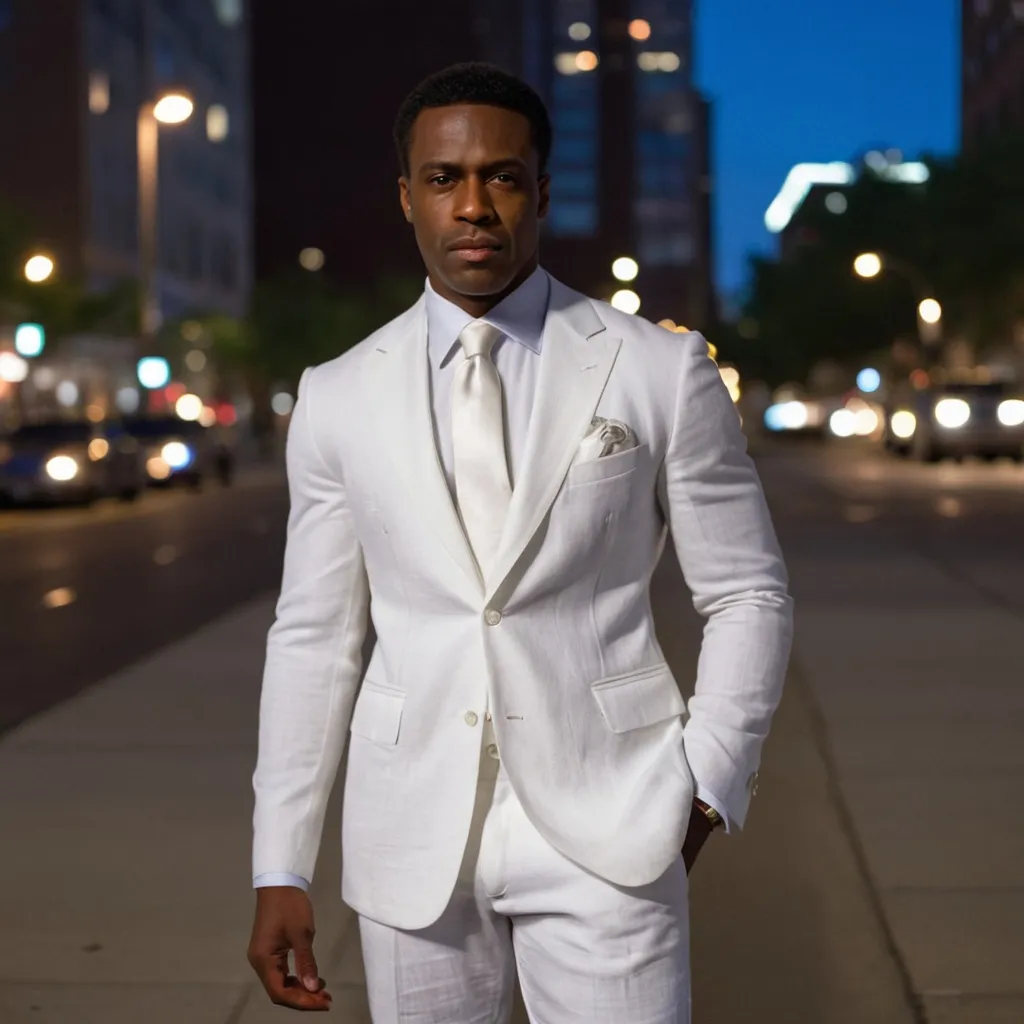 Prompt: A handsome, serious black man wearing a crisp white linen suit on a city sidewalk at night.