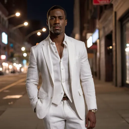 Prompt: A handsome, serious black man wearing a crisp white linen suit on a city sidewalk at night.