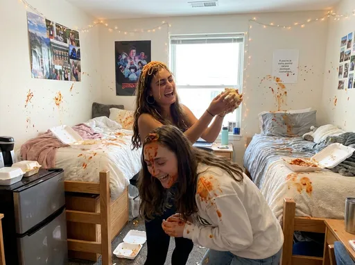 Prompt: two kids having a food fight in a college dorm and having alot of fun