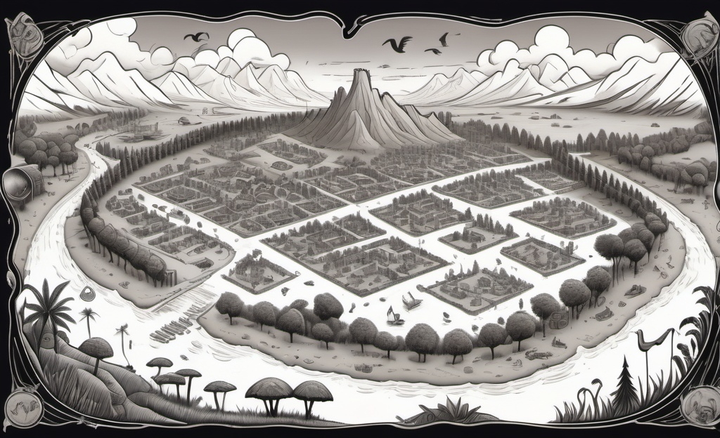 Prompt: A monochrome fantasy treasure map, with a village of stocky, square houses to the west, a large open plain featuring a skateboard ramp in the center, to the North East a flock of five flamingoes, and to the south east a dark forest where the treasure is