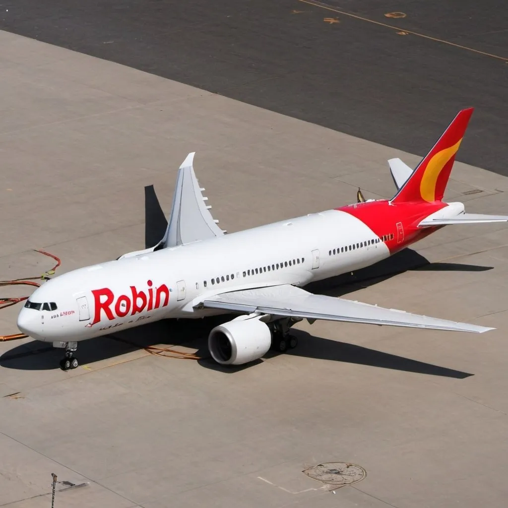 Prompt: robin air airline boing 777 plane on the ground


