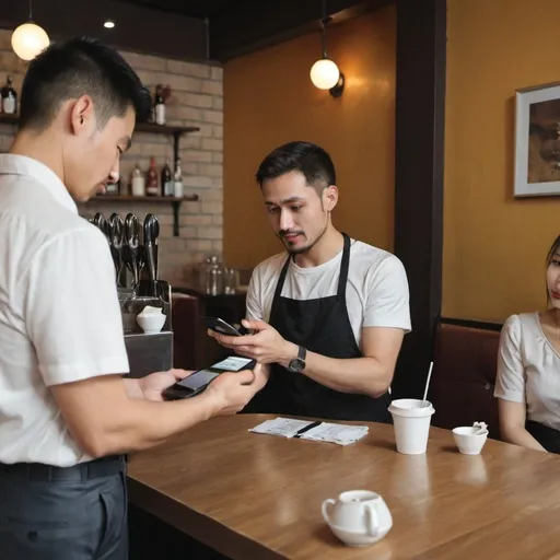 Prompt: a man pay in restaurant with phone 
 two people 