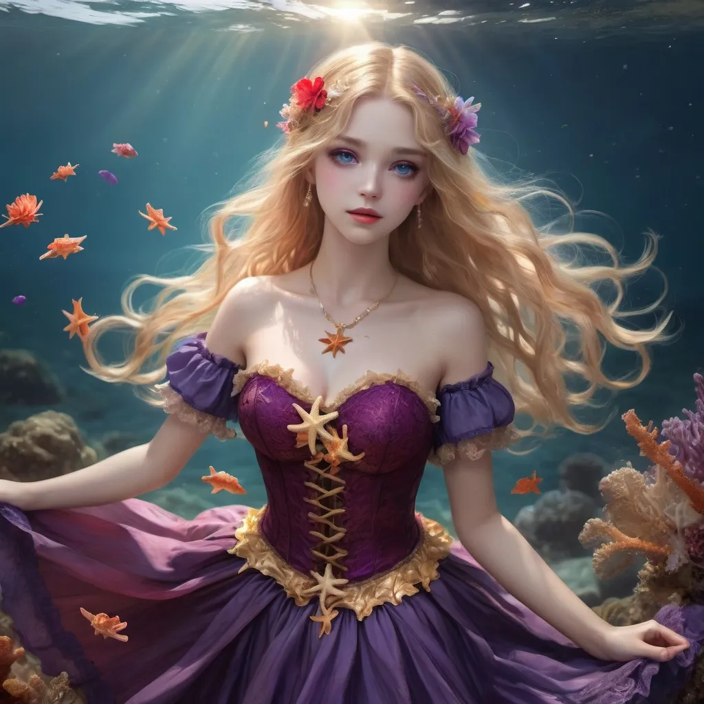 Prompt: a girl, she has purple eyes and golden hair. A dancer dancing in the sea, her skirt seems to be composed of seawater, gradually changing from a cold blue (skirt) to a beautiful red ( bustier)（her close is Victorian Medieval 18th Century Dress Party Costume Masquerade Women's Lace Cotton Costume), showcasing her noble and benevolent personality. There were some purple flowers, starfish, shells, seaweed, and coral scattered around her, and fish swam over to accompany her. The sun set in the sky, and the moon slowly rose. These two beams of light hit her like stage lights, quietly waiting for her performance.