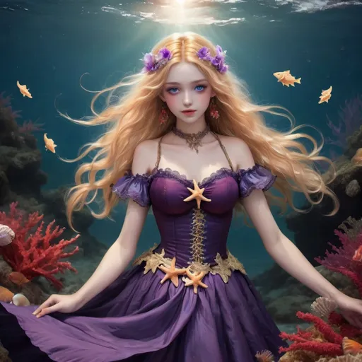 Prompt: a girl, she has purple eyes and golden hair. A dancer dancing in the sea, her skirt seems to be composed of seawater, gradually changing from a cold blue (skirt) to a beautiful red ( bustier)（her close is Victorian Medieval 18th Century Dress Party Costume Masquerade Women's Lace Cotton Costume), showcasing her noble and benevolent personality. There were some purple flowers, starfish, shells, seaweed, and coral scattered around her, and fish swam over to accompany her. The sun set in the sky, and the moon slowly rose. These two beams of light hit her like stage lights, quietly waiting for her performance.