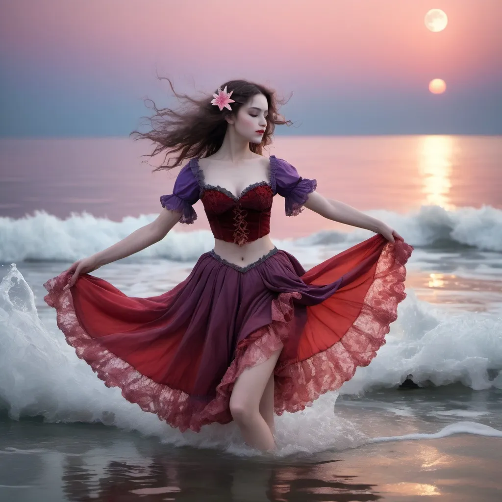 Prompt: A dancer dancing in the sea, her skirt seems to be composed of seawater, gradually changing from a cold blue (skirt) to a beautiful red ( bustier)（her close is Victorian Medieval 18th Century Dress Party Costume Masquerade Women's Lace Cotton Costume), showcasing her noble and benevolent personality. There were some purple flowers, starfish, shells, seaweed, and coral scattered around her, and fish swam over to accompany her. The sun set in the sky, and the moon slowly rose. These two beams of light hit her like stage lights, quietly waiting for her performance.