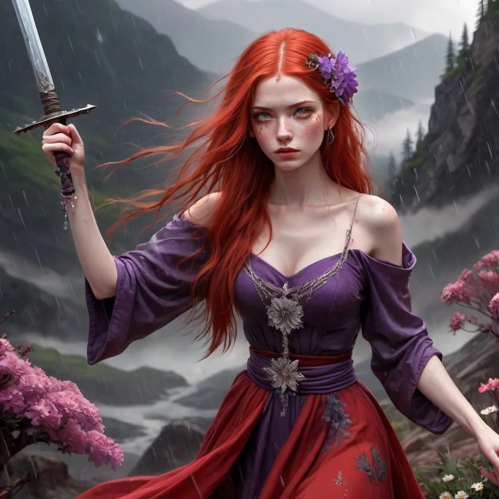 Prompt: a girl with Purple eyes, red hair， Old Fashion Dresses(red). hold a sword with jewels on it. she is dancing in the rain on a mountain with blooming flowers around her. She is dancing to beg for wars to end. There are many animals, such as wolves, around her. and she is killing them.