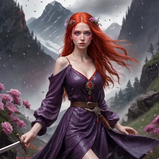 Prompt: a girl with Purple eyes, red hair， Old Fashion Dresses(red). hold a sword with jewels on it. she is dancing in the rain on a mountain with blooming flowers around her. She is dancing to beg for wars to end. There are many animals, such as wolves, around her. and she is killing them.