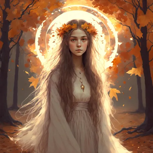 Prompt: <mymodel> beautiful Godness of Autumn with long hair and a circle of light behind her head