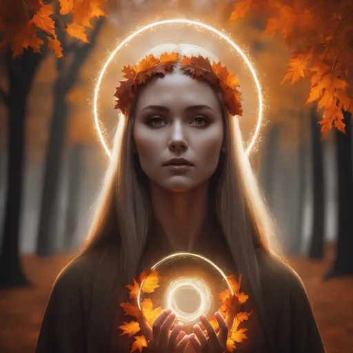 Prompt: Godness of autumn with circle of light behind her head