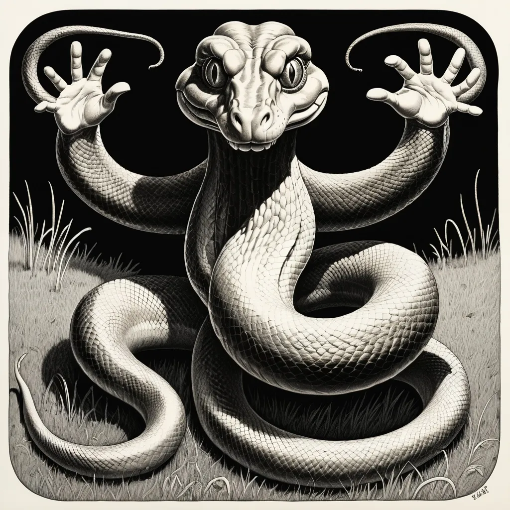 Prompt: a drawing of a snake with hands and legs walking in an open field like R. Crumb Art