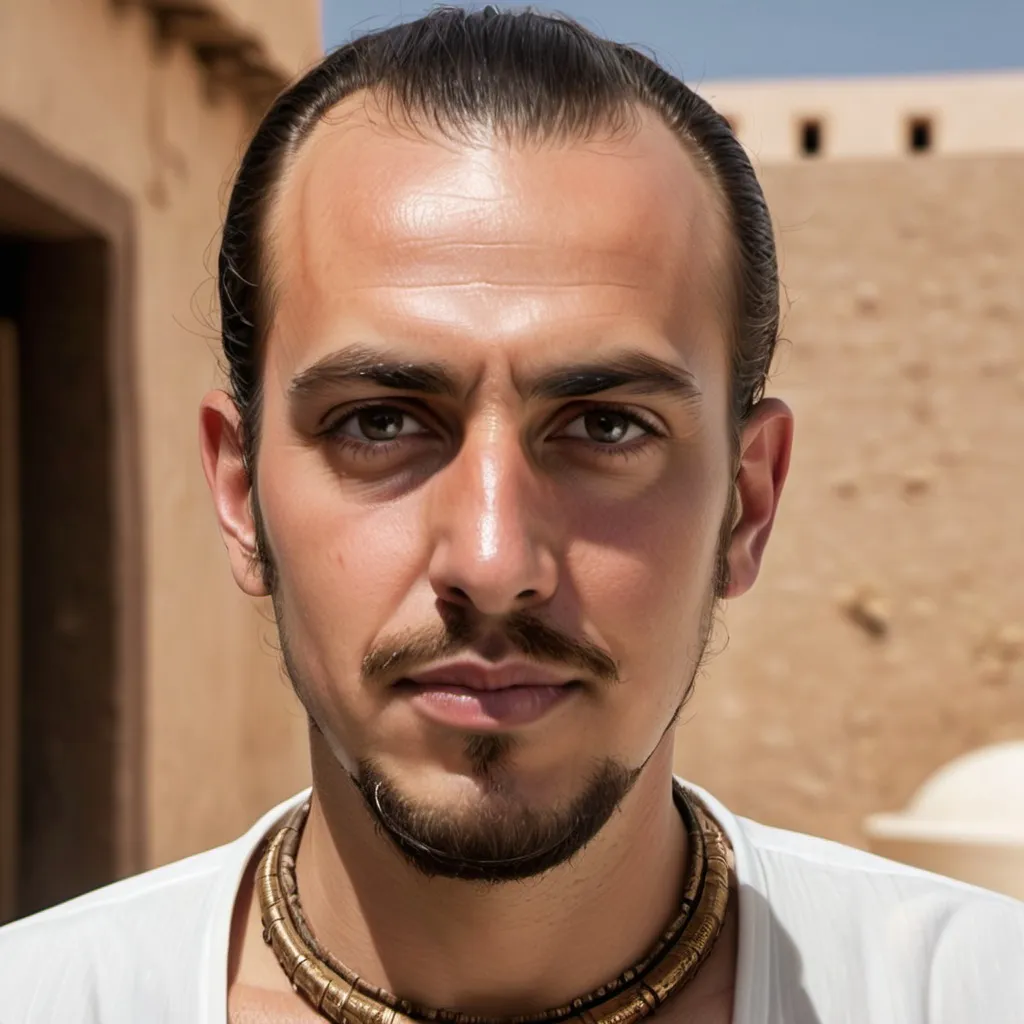 Prompt: Un homme d'origine maghrebine cheveux brun rebiquer vers l'arriere mais pas plaquébarbe de 3 jours  collier dz