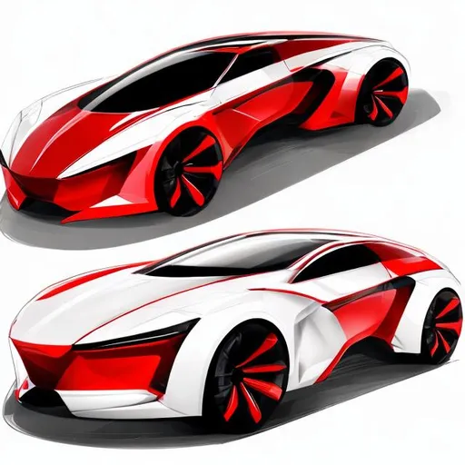 Prompt: a 2-door concept design car, futuristic and dynamic style, sharp headlamp, white body, red line, with simple background