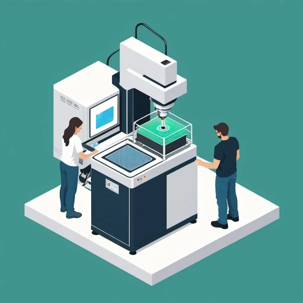 Prompt: An illustation flat colors of a isometric view of a machine preforming photolithography process use white blue and a litle green make it an s unsymetric backgtound also add a laser while it comes out and a tech person standing next to machine holding a wafer