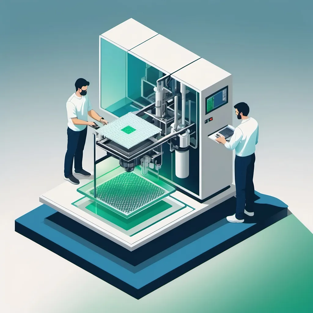 Prompt: An illustation flat colors of a isometric view of a machine preforming photolithography process use white blue and a litle green make it an s unsymetric backgtound also add a laser while it comes out and a tech person standing next to machine holding a wafer make background transperent