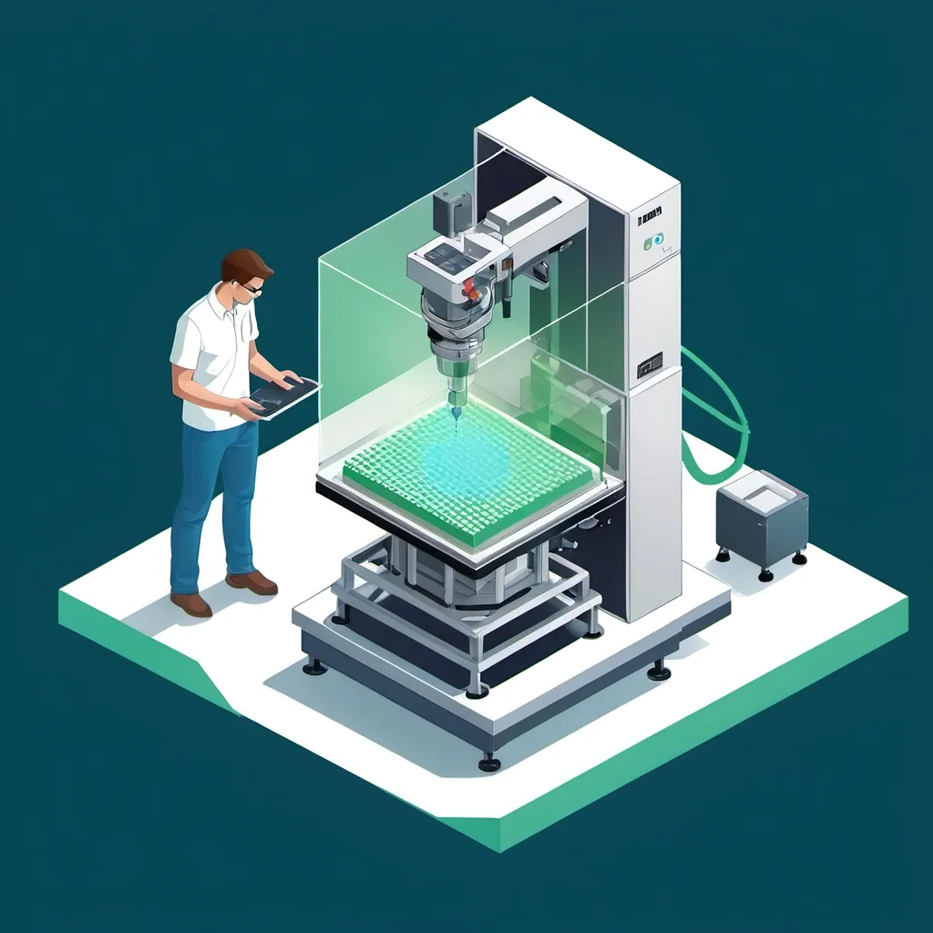 Prompt: An illustation flat colors of a isometric view of a machine preforming photolithography process use white blue and a litle green make it an s unsymetric backgtound also add a laser while it comes out and a tech person standing next to machine holding a wafer make background transperent