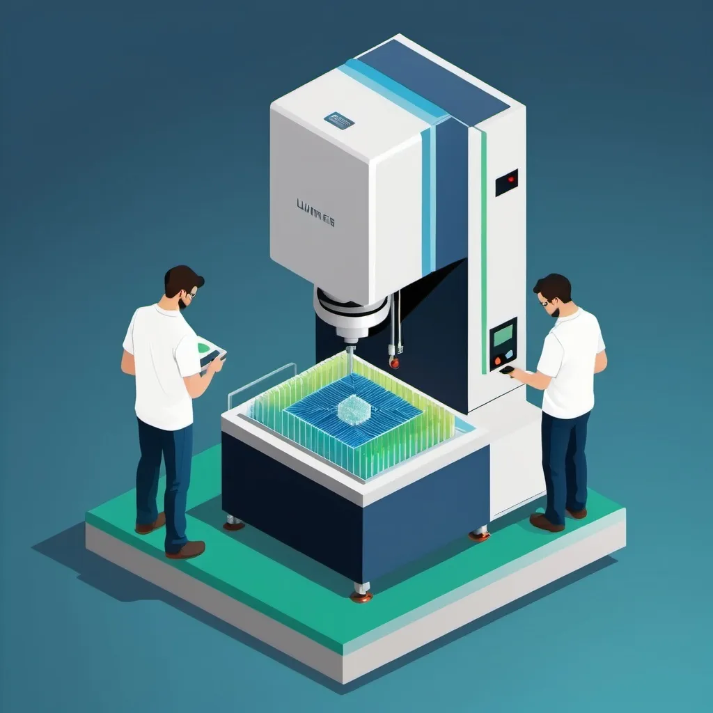 Prompt: An illustation flat colors of a isometric view of a machine preforming photolithography process use white blue and a litle green make it an s unsymetric backgtound also add a laser while it comes out and a tech person standing next to machine holding a wafer