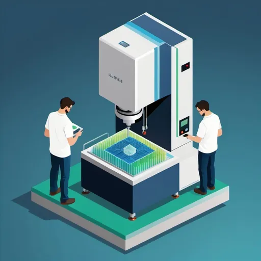 Prompt: An illustation flat colors of a isometric view of a machine preforming photolithography process use white blue and a litle green make it an s unsymetric backgtound also add a laser while it comes out and a tech person standing next to machine holding a wafer