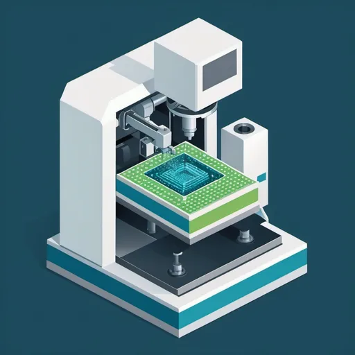 Prompt: An illustation flat colors of a isometric view of a machine preforming photolithography process use white blue and a litle green make it an s unsymetric backgtound