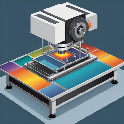 Prompt: An illustation flat colors of a front view of a machine preforming photolithography process