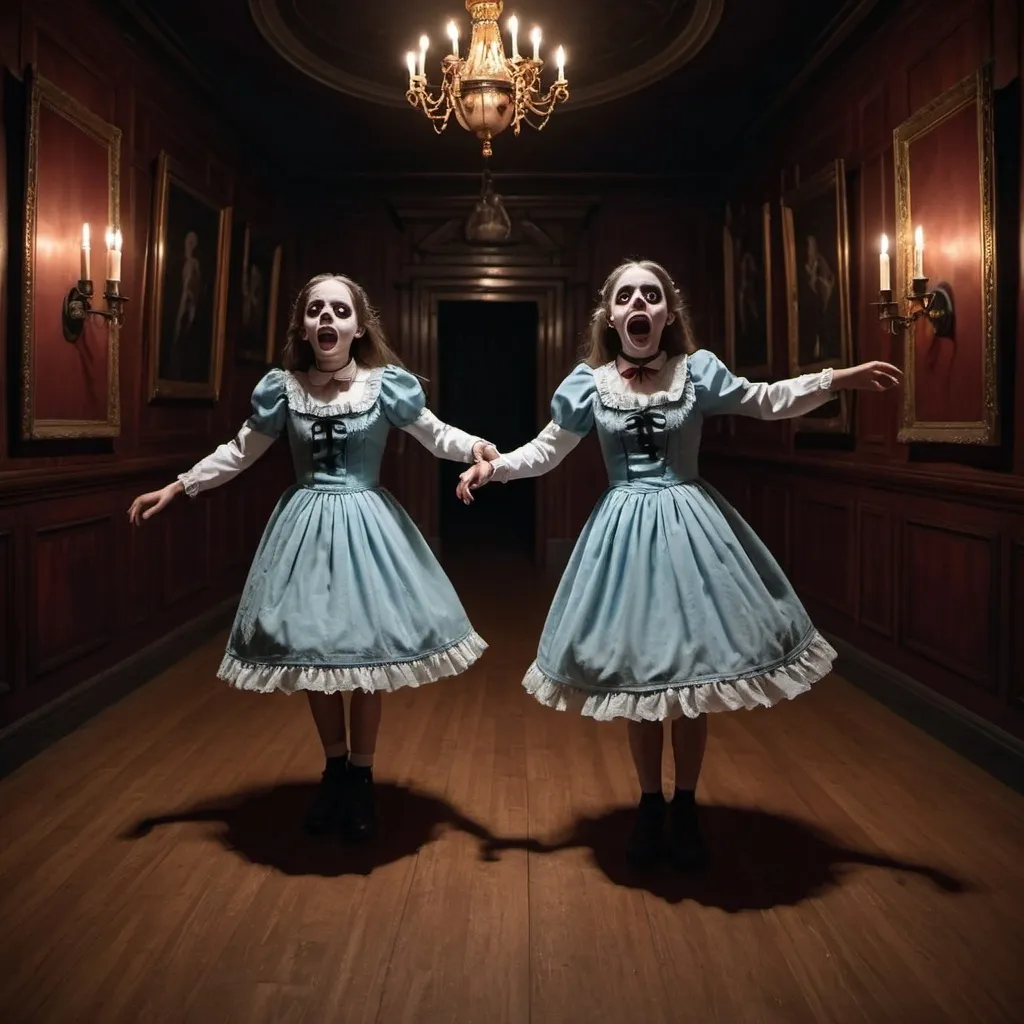 Prompt: Two twins
 dancing in horror in a haunted mansion 
