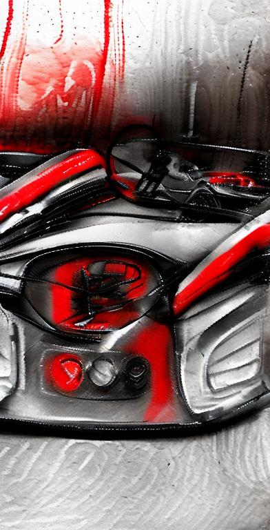 Prompt: an abstract racecar in dark red, grey, black and white