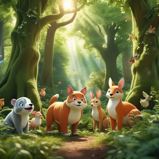 Prompt: (Animal friends) in a lush, vibrant forest, surrounded by towering trees, dappled sunlight filtering through leaves, sparkling with green hues, a serene atmosphere rich in harmony, playful interaction among the animals, whimsical details, vivid flora, capturing a sense of adventure and camaraderie, enchanting scenery, (high quality) 4K resolution, ultra-detailed, capturing the ambiance of nature's tranquility.