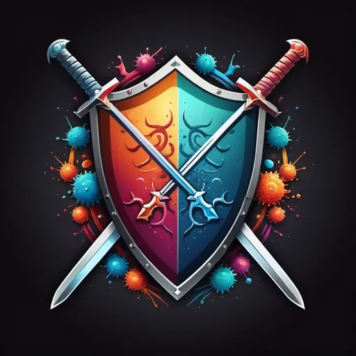 Prompt: (Logo design), (detailed shield), sword in the center, vibrant colors, visible representation of multiple bacteria shapes moving inside the shield, dynamic and energetic elements, modern style, bold lines, sleek and professional look, eye-catching composition, balancing elegance with edginess, HD quality, suitable for branding, vector illustration style, emphasis on contrast and clarity.