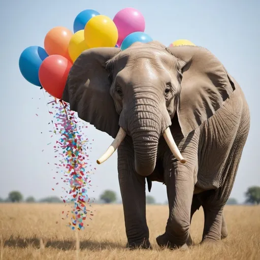 Prompt: Creëer een realistische afbeelding van een olifant, maar met een speelse twist: de olifant draagt een kleurrijke feesthoed en heeft confetti rondom zich. De olifant ziet er vrolijk uit en houdt met zijn slurf een grote, felgekleurde ballon vast. De achtergrond is een feestelijke setting met slingers en ballonnen in verschillende kleuren.