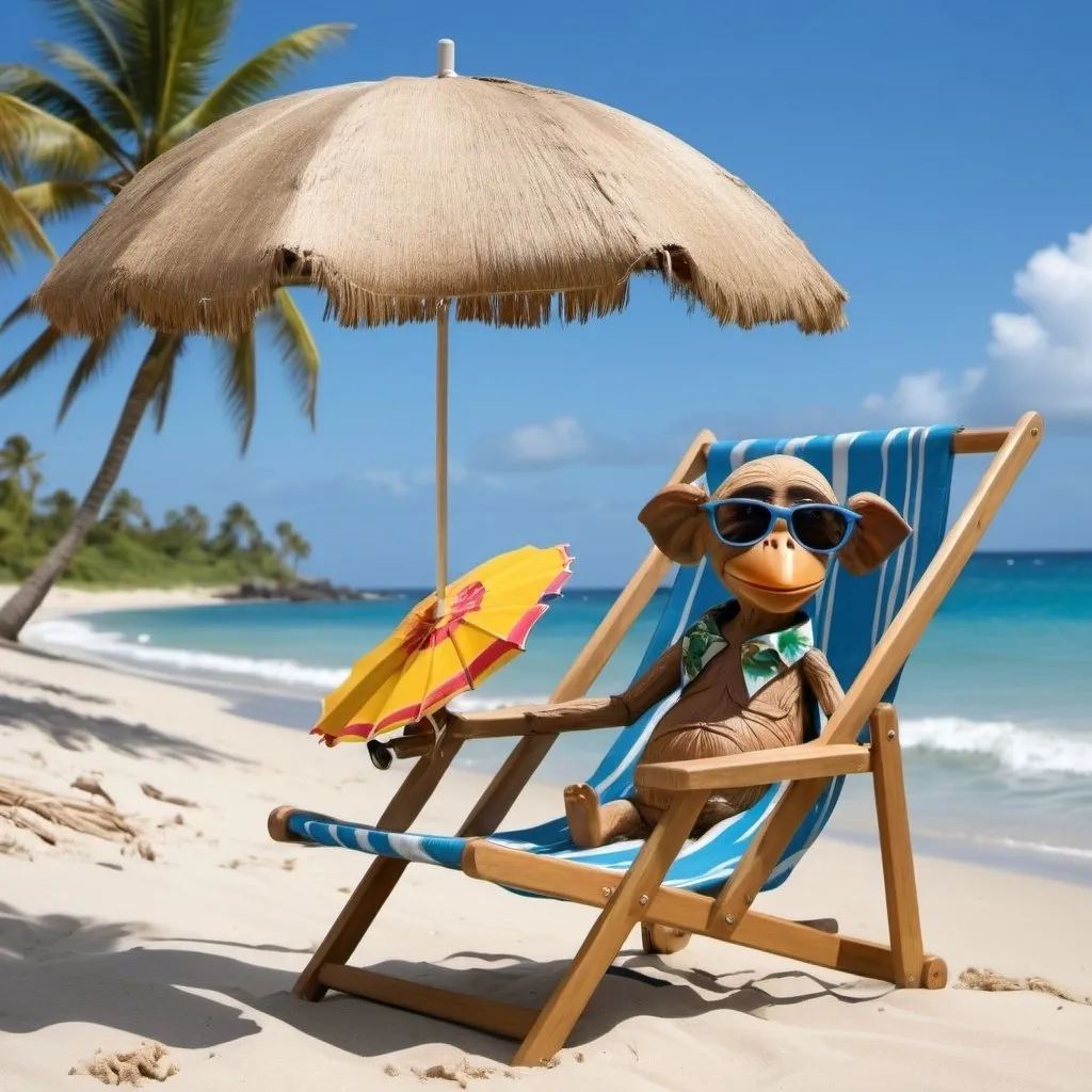 Prompt: Creëer een realistische afbeelding van een aap met een speelse twist: de aap draagt een felgekleurde zonnebril en een hawaiian shirt. De aap zit in een strandstoel onder een parasol en drinkt een kokosnoot met een rietje. Op de achtergrond is een tropisch strand met palmbomen en helderblauw water te zien.