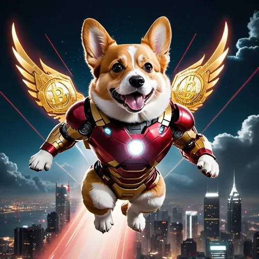 Prompt: corgi with a masculine body wearing metallic red and gold ironman suit flying with after-burn shockwave, shooting laser beams from its eyes and a dark  night sky and cyberpunk city below the clouds with diamonds and bitcoin falling from the sky