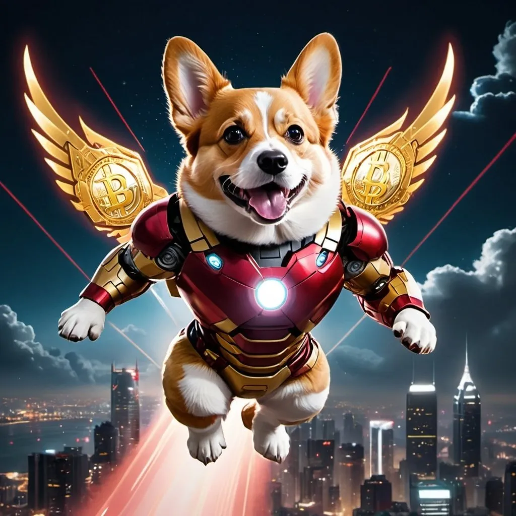 corgi with a masculine body wearing metallic red and...