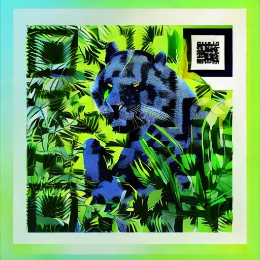 Prompt: The scene should feature lush vegetation, large leaves, and vines, with the panther in a realistic, detailed style. Ensure the QR code is scannable, blending naturally into the jungle environment while maintaining contrast for readability. High resolution, with bold contrasts between the black panther and the green jungle for optimal scannability.