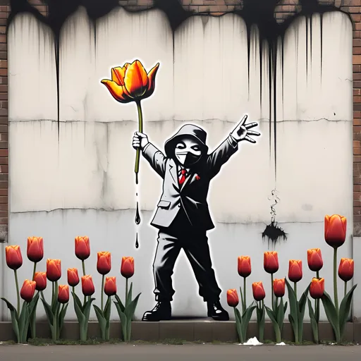 Prompt: Tulip greed using banksy theme of gangster add bitcoin image
