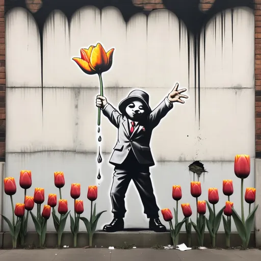 Prompt: Tulip greed using banksy theme of gangster add bitcoin image
