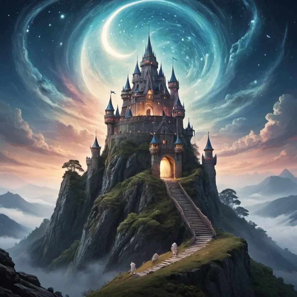 Prompt: A castle on a mountain top in a celestial realm with mystical beasts