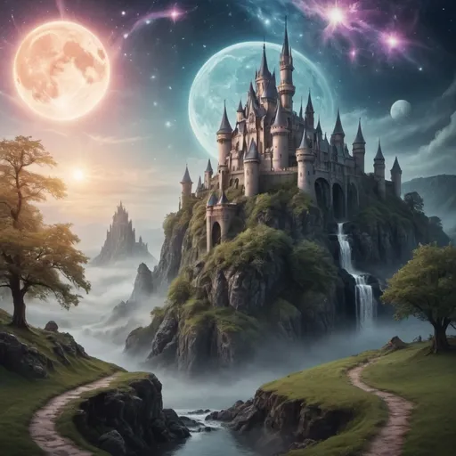 Prompt: Mystical celestial realm with a castle in the background