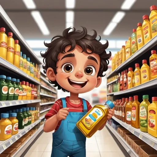 Prompt: Niño comprando aceite en un supermercado infantil en forma de dibujo animado