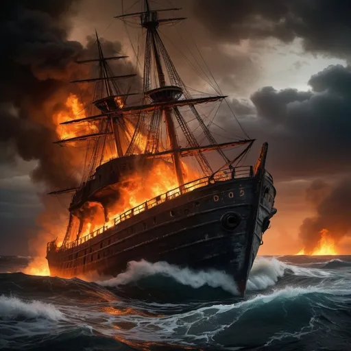 Prompt: (classic ship on fire), dramatic flames lighting up the sea, dark smoke billowing into the sky, rugged ocean waves crashing against the hull, rich textures of worn wood and rust, (high contrast), cinematic lighting creating a grim atmosphere, vivid colors highlighting the chaos, (ultra-detailed), immersive scene capturing the intensity of the destruction.